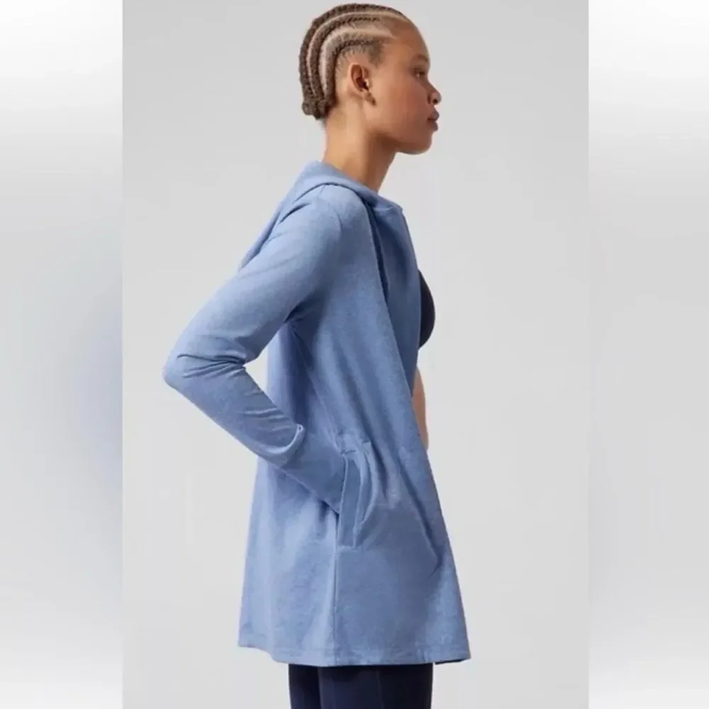 Athleta Untempo Wrap Cardigan Blue Hooded Pockets Size Large